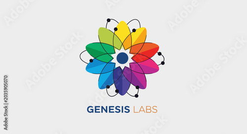 Tableau sur toile Abstract Colorful Atom Symbol with Genesis Labs Text.