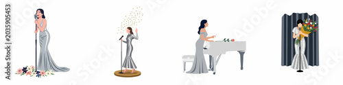 Tableau sur toile Collection of elegant female singer and pianist illustrations in silver and white evening gowns performing on stage, isolated on white background