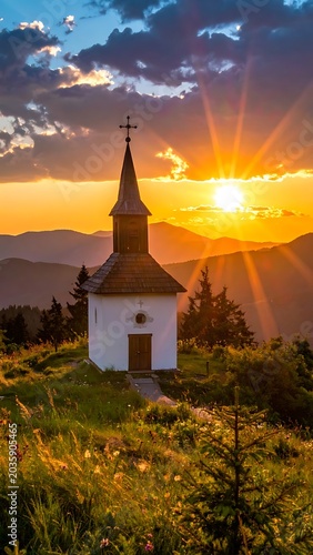 Small white church on green hill.