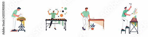 Obraz na plátně Set of vector illustrations featuring a male musician playing different xylophone and vibraphone instruments with mallets in various poses and settings