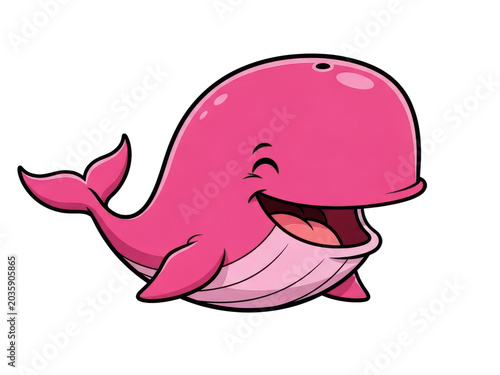 Cartoon pink whale laughing joyfully isolated on white background