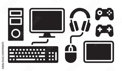 Schilderij op canvas Gaming hardware and computer workstation peripherals silhouette collection for digital setup