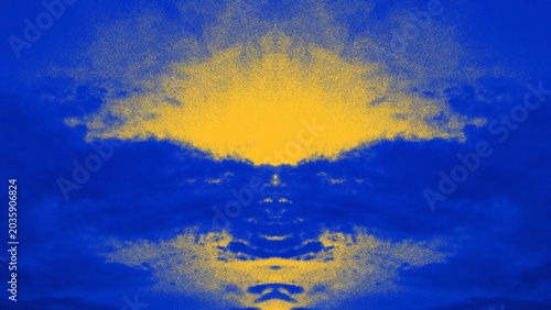 Abstract Blue and Gold Symmetrical Cloud Texture Background with Glowing Artistic Effect