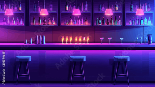 Neon-lit bar with colorful bottles and glowing glasses, quiet ambiance