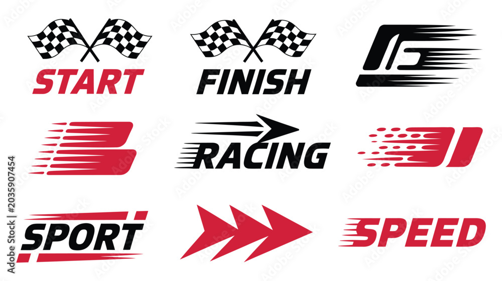 Obraz premium Racing and speed themed logos featuring checkered flags start finish line elements sport competition typography dynamic motion branding identity vector designs