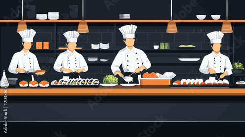 Professional sushi chefs prepare various sushi dishes behind counter
