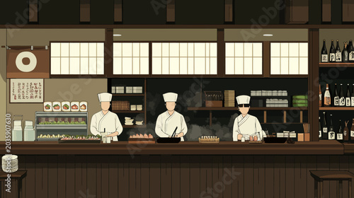 Illustration of three chefs preparing food behind a bar counter