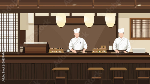 Two chefs preparing sushi behind a wooden counter in a traditional Japanese restaurant