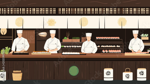 Sushi chefs preparing various sushi dishes in a traditional kitchen