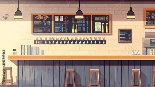 Digital illustration of a cozy bar interior with beer taps and stools