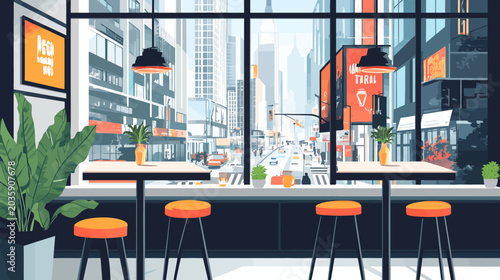 Modern cityscape view from a cozy cafe interior with plants