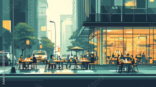 Urban street scene with people dining outside near modern glass buildings