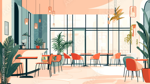 Modern coffee shop interior with plants and large windows