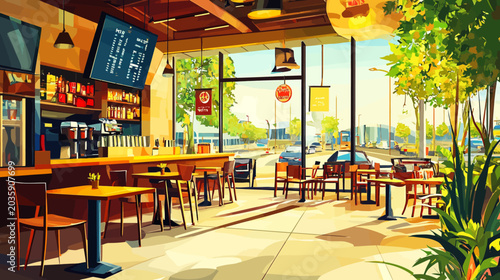 Bright, sunny caf? interior with large windows, outdoor view, and cozy seating