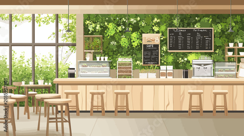 Cozy modern cafe interior with wooden furniture and green plant wall