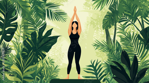Woman practicing yoga in a lush jungle setting, standing on a mat