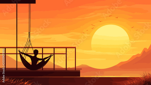 Silhouette of a person relaxing in a hammock on a balcony during sunset