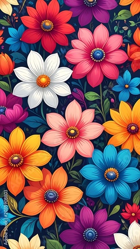 Vibrant colorful flowers pattern background.