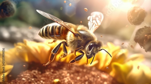 A honey bee flying over a sunflower, with pollen grains in its wings and on its body.