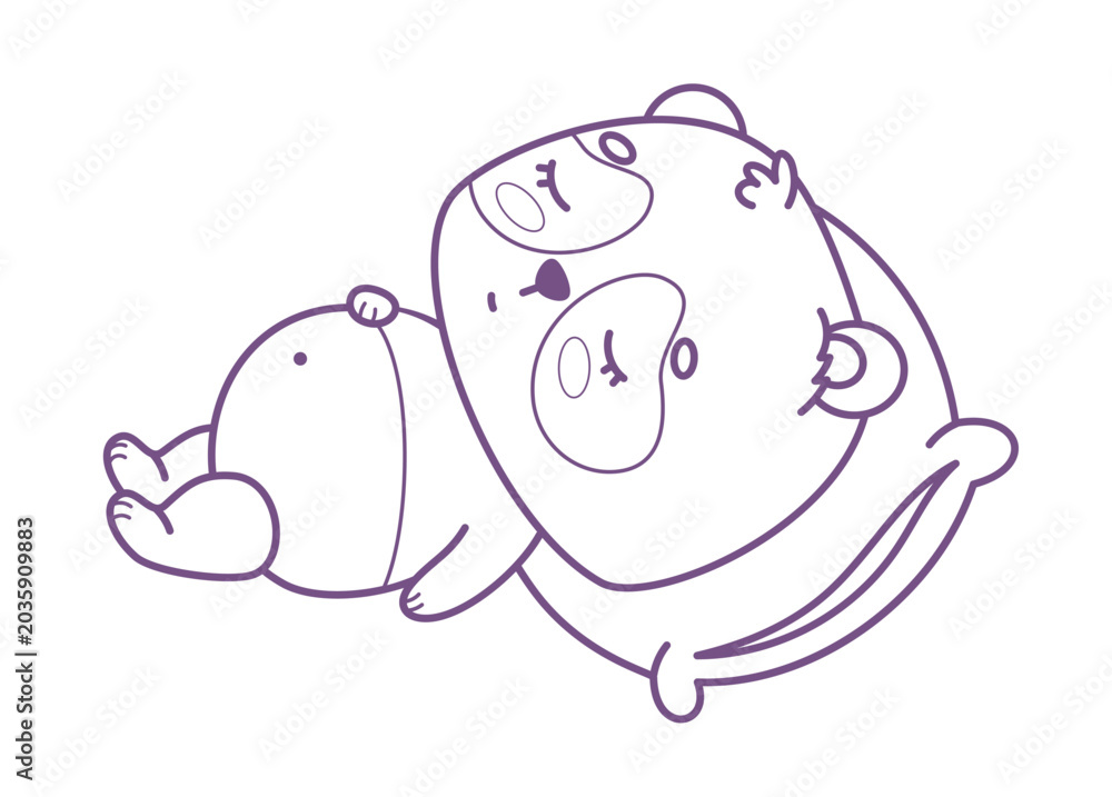 Naklejka premium Outline Panda Bear Sleeping On Back In Corpse Yoga Pose Savasana. Vector Illustration. Lazy Kawaii Small Cartoon Animal Relaxing On Pillow. Line drawing, coloring page. Kids collection