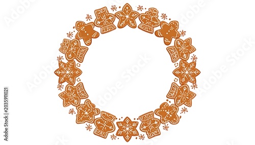 Decorative Gingerbread Cookie Wreath Arranged in Circular Pattern on White Background
