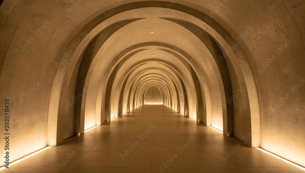 Naklejka premium Sculptural concrete arches corridor with warm ambient uplighting