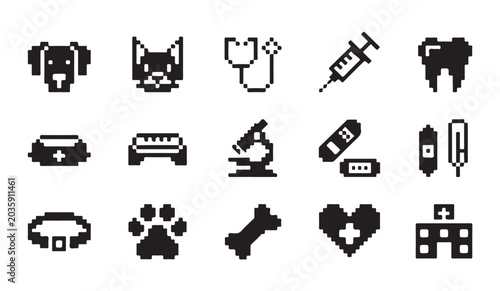 Tableau sur toile Set of pet health and veterinary clinic icons in distinctive pixel art design aesthetic