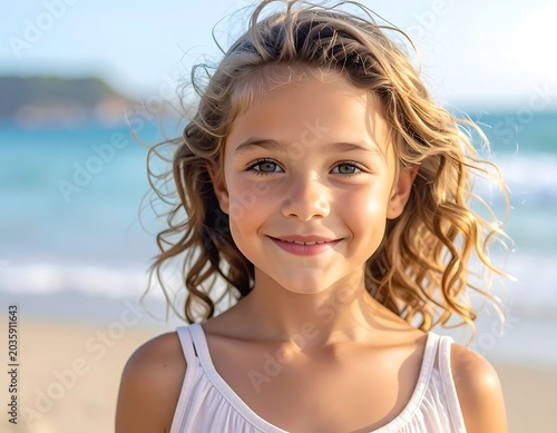 Smiling Young Girl with Curly Hair Standing on Sunny Beach Shore