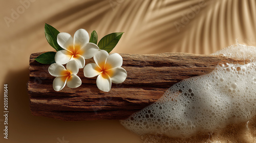 Minimalist Flat Lay Podium Display Featuring White Plumeria Flowers And Sea Foam
