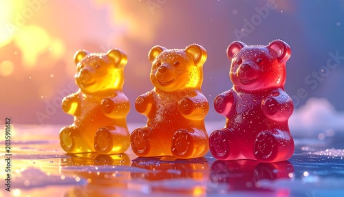 Colorful Gummy Bear Candies Standing on Reflective Wet Surface in Glowing Light