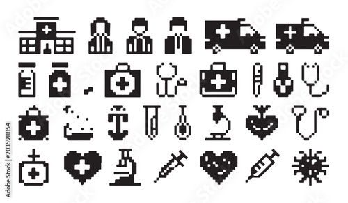 Photos Hospital and laboratory pixel art icon set for medical science research and patient clinics