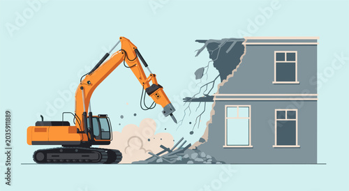 Demolition excavator destroying a building with a hydraulic hammer.