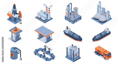 Industrial Energy Production and Transportation Icons Set.