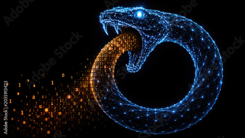 Digital representation of serpent consuming its own tail, symbolizing cycles and renewal, with binary code flowing from its mouth, reflecting