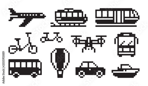 Bild auf Leinwand Pixelated city transport and travel icons featuring aircraft tram bicycle car and balloon