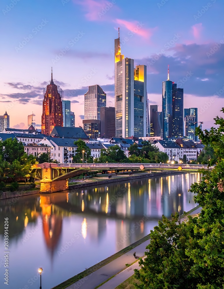 Obraz premium A serene cityscape at dusk with a river and bridge
