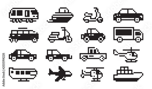 Tableau sur toile Pixel art collection of various transportation modes including trains, ships, cars, and bikes