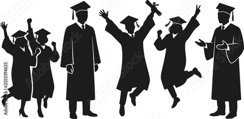 Five Graduation Silhouettes in Caps and Gowns Celebrating Academic Success with Diplomas and Joyful Ceremony Vector Art
