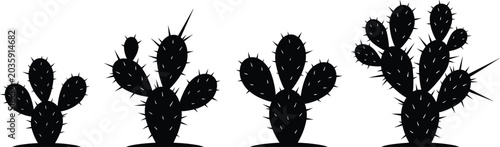 Four Prickly Pear Cactus Silhouettes Showing Growth Stages in Black‑and‑White Vector Illustration