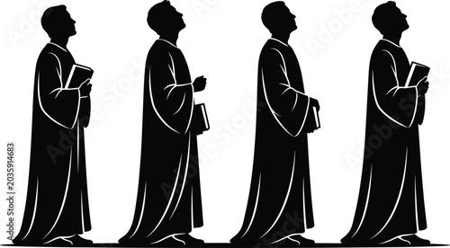 Four Hooded Figures in Robes Holding Books Depicting Scholarship Devotion and Spiritual Reflection in Black‑and‑White Vector Art