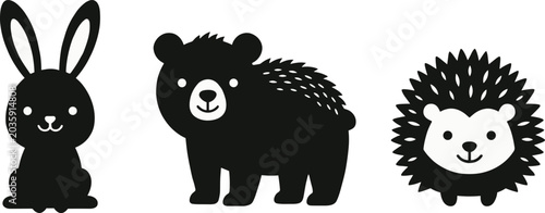 Minimalist rabbit bear and hedgehog cartoon vector illustrations with cute animal silhouettes for children and decorative design