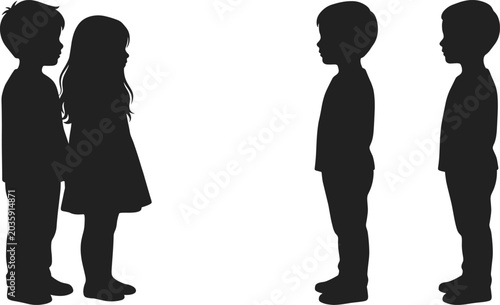 Set of black silhouettes of children standing and facing each other, isolated vector icons of boys and girls on white background.