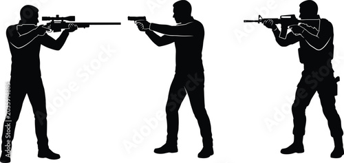 Silhouette illustration of armed figures with sniper rifle, handgun, and assault weapon in tense standoff arrangement