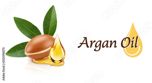 Natural argan oil with nut and green leaves