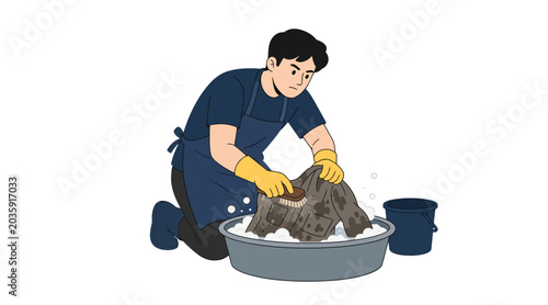 Tablou pe pânză Man Scrubbing Dirty Clothes Manually in Water Basin Illustration