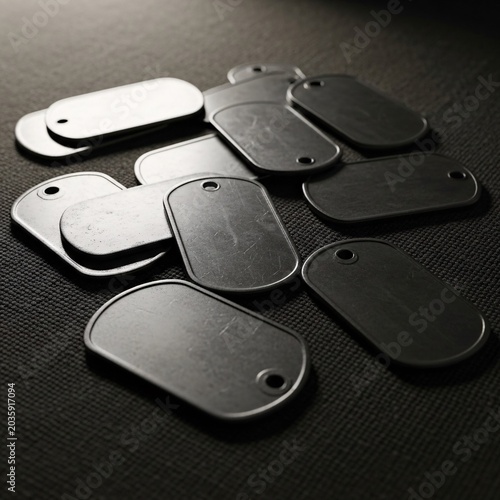 Blank metal identification dog tags pile for d-day anniversary production.