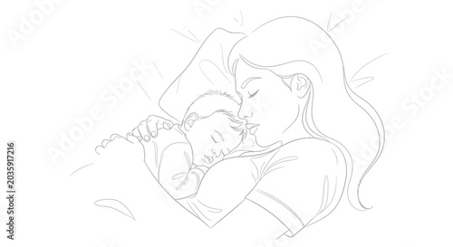 Photos Mother holding sleeping baby close.