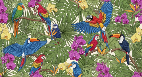 Foto Colorful parrots on a branch.