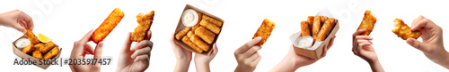 Set of hand holding fish sticks fingers, battered crispy crust with fillet meat, group stack pile bitten broken, takeout craft box with tartar sauce, transparent cutout PNG Mockup