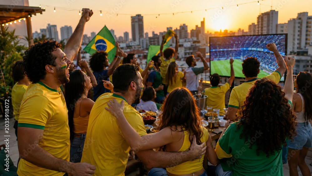 Fototapeta premium Torcedores brasileiros comemorando em festa no terraço
